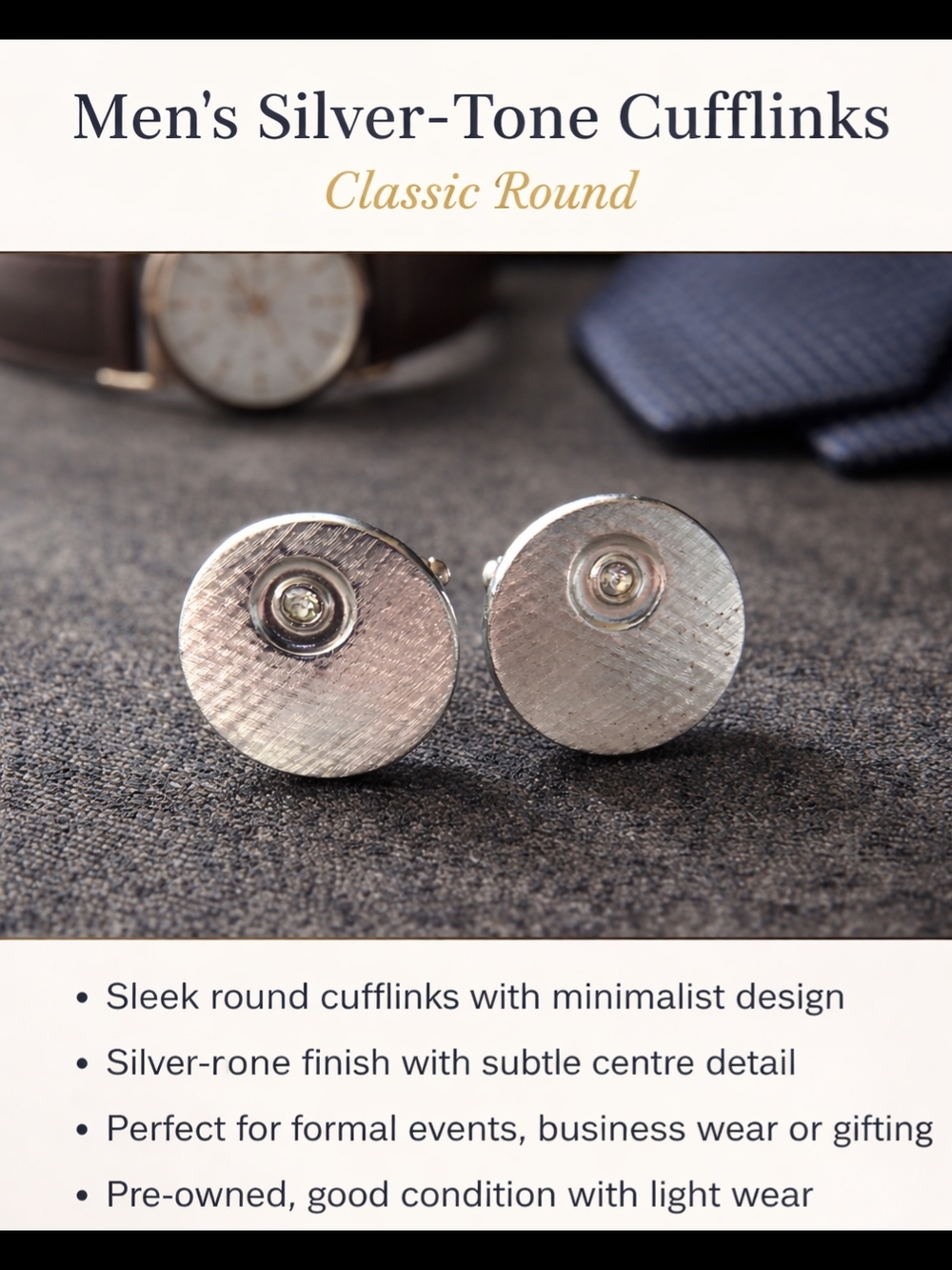 Men’s Silver-Tone Cufflinks – Classic Round - Picture 3 of 4